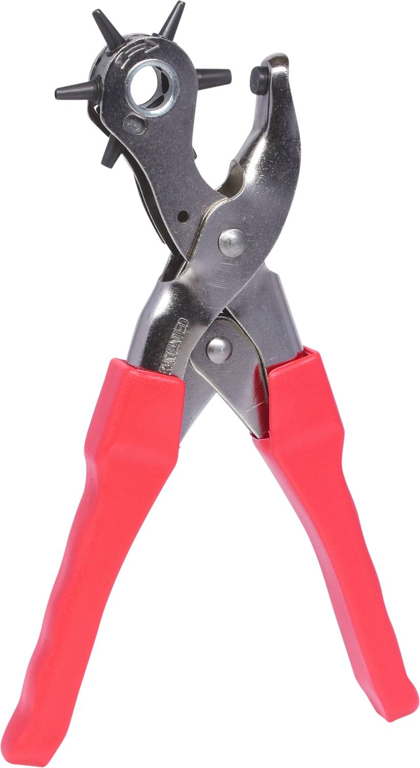 Eine rot-graue Revolverlochzange zum Stanzen von Löchern in Leder oder Stoff, mit drehbarem Aufsatz für verschiedene Lochgrößen.