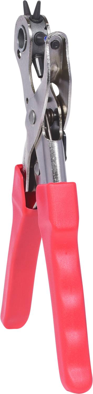 Eine Lochzange mit roten Griffen, verwendet zum Stanzen von Löchern in Materialien wie Leder oder Stoff.