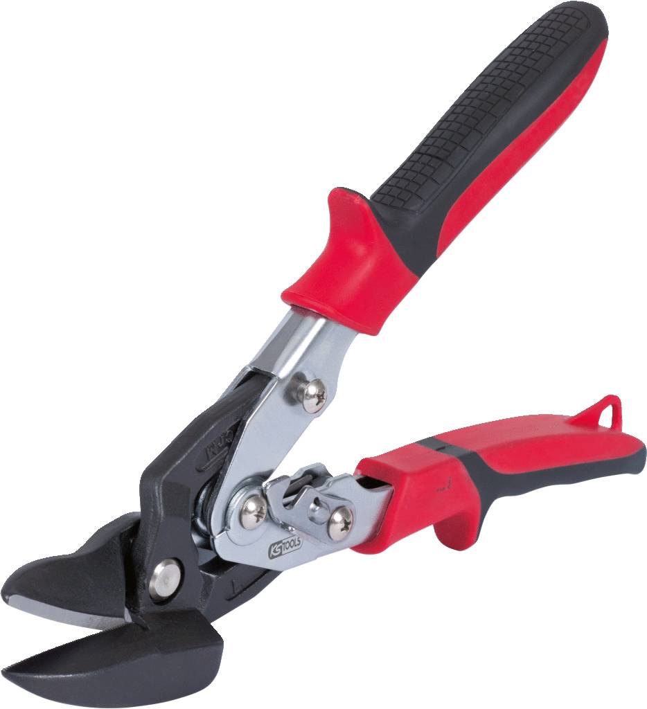 Eine rote Blechschere mit ergonomischen Griffen, geeignet zum Schneiden von Metallblechen.