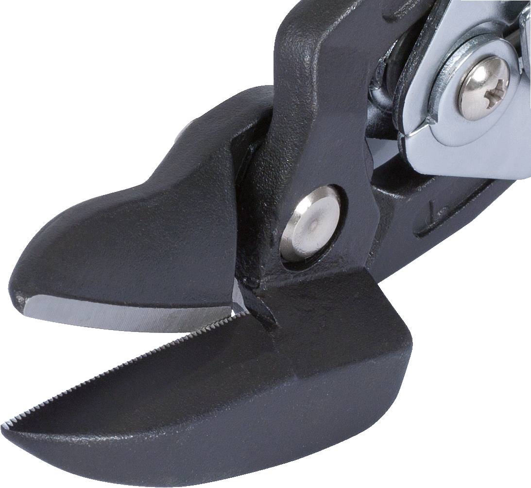Eine schwarze Metallschere mit gezahnten Klingen öffnet sich. Die Schere hat ein ergonomisches Design für präzises Schneiden.