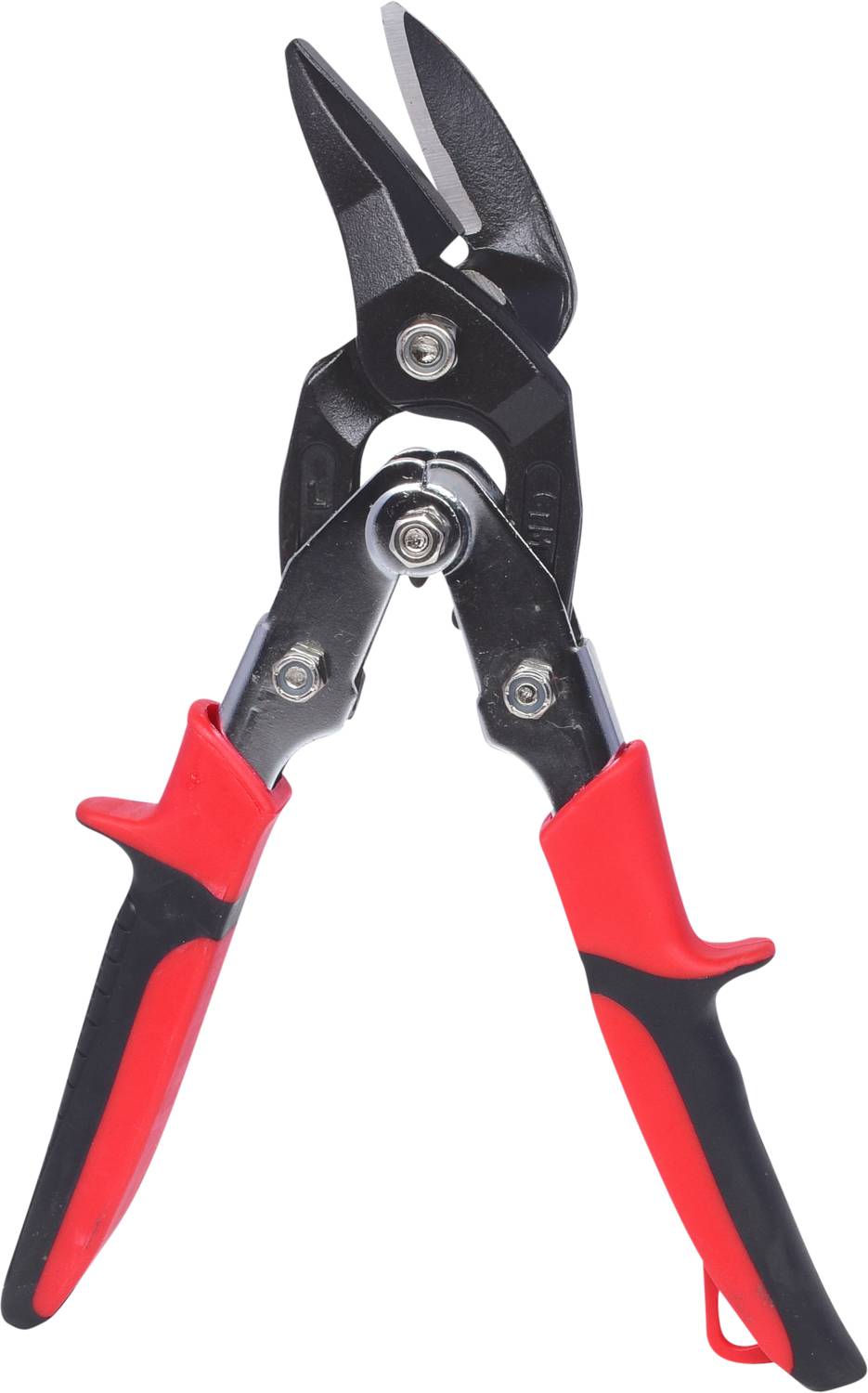 Flachwinkel-Blechschere mit rot-schwarzen Griffen, geeignet zum Schneiden von Metallblechen.