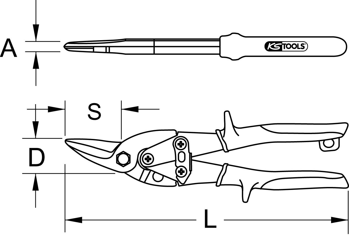 Eine Blechschere mit Griffen und Klinge, daneben technisches Diagramm mit Maßen: A für Klingenabstand, D für Durchmesser, S für Schnittlänge, L für Gesamtlänge.