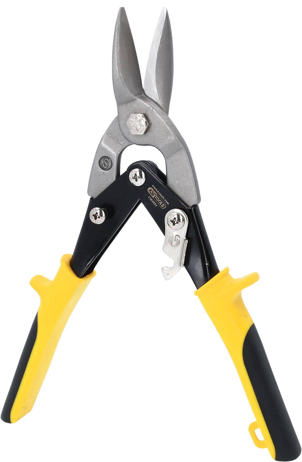 Eine Metallschere mit gelben Griffen zeigt ihre scharfen Schneidklingen. Ideal für Blech- oder Metallarbeiten.