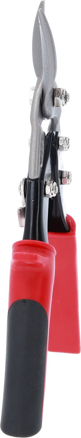 Eine scharfe Metallschere mit roten Griffen, geeignet zum Schneiden von Draht oder dünnem Metall.