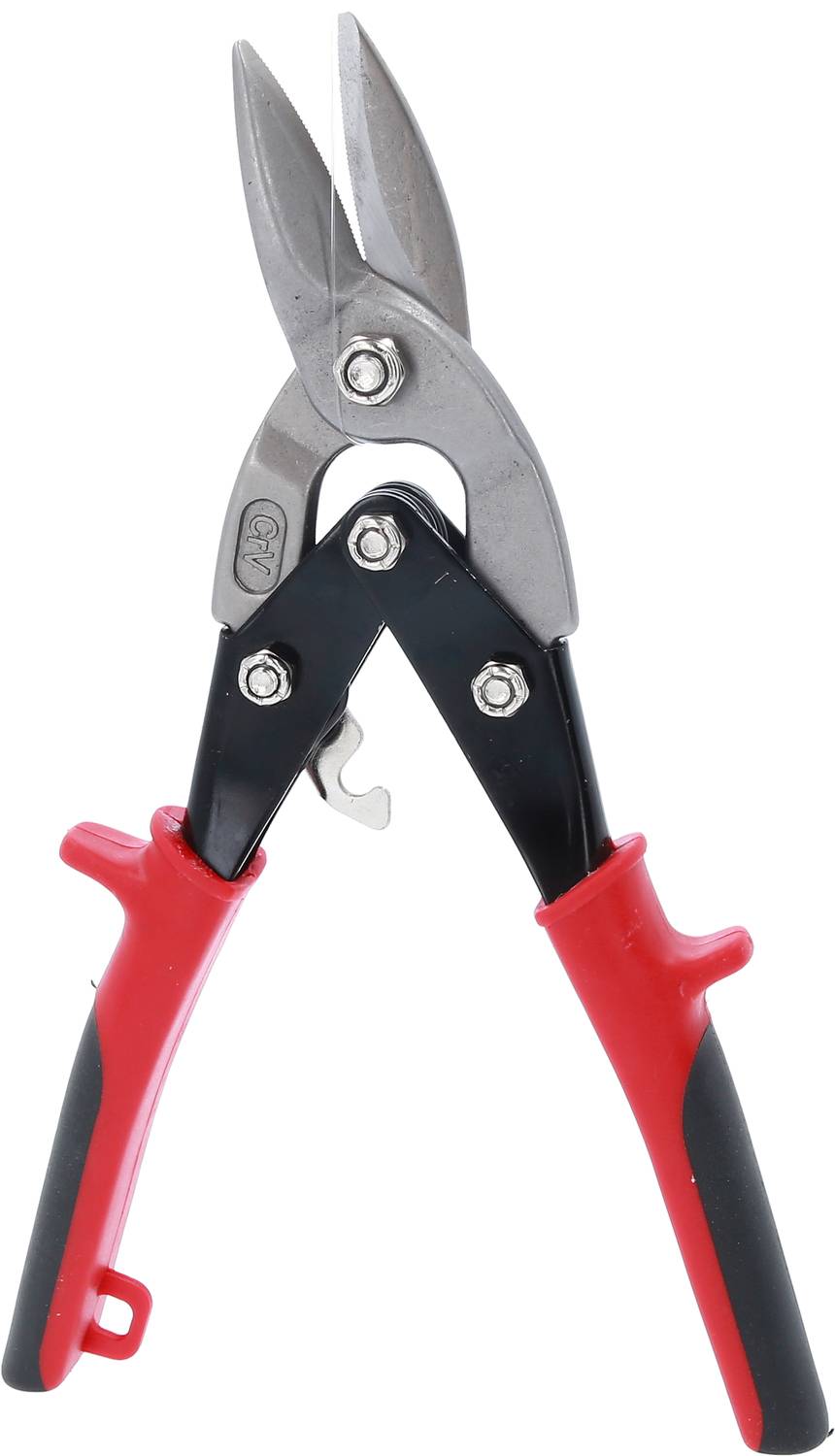 Eine rote Blechschere mit schwarzen Griffen, verwendet zum Schneiden von dünnem Metall oder Draht.
