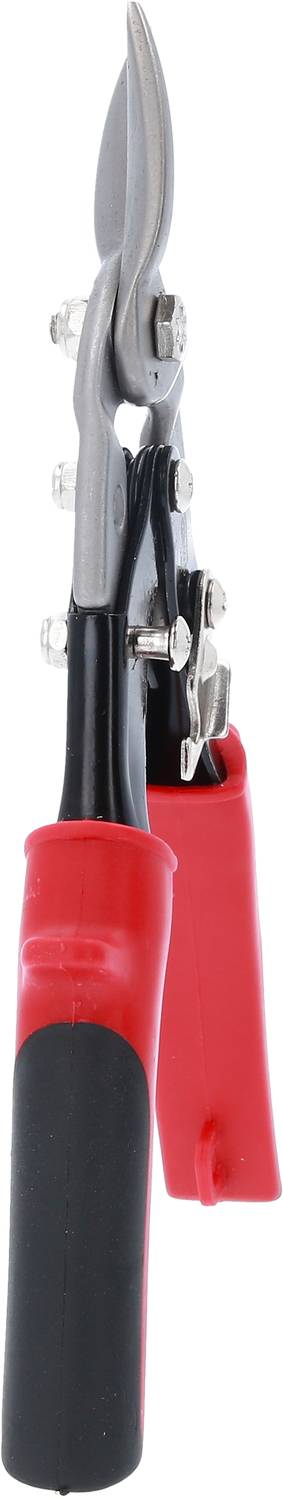 Eine rote und schwarze Gartenschere mit Metallklingen, geeignet zum Schneiden von Ästen oder Stielen.