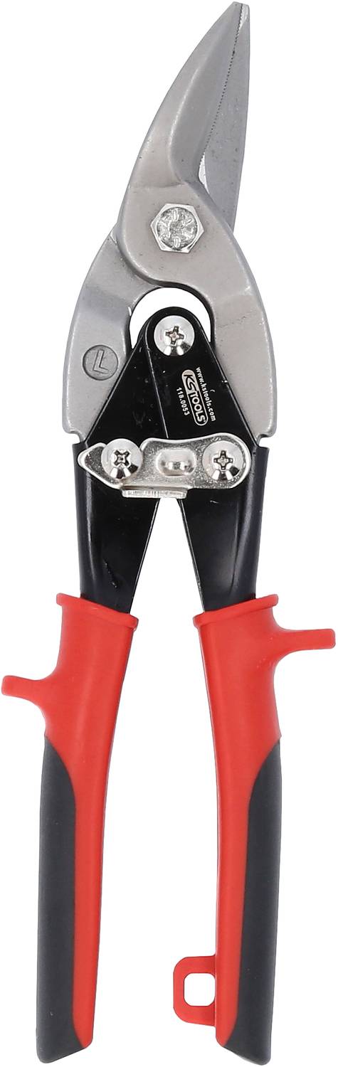 Eine rote und schwarze Blechschere mit einer gebogenen Klinge und ergonomischen Griffen, verwendet zum Schneiden von Metall.