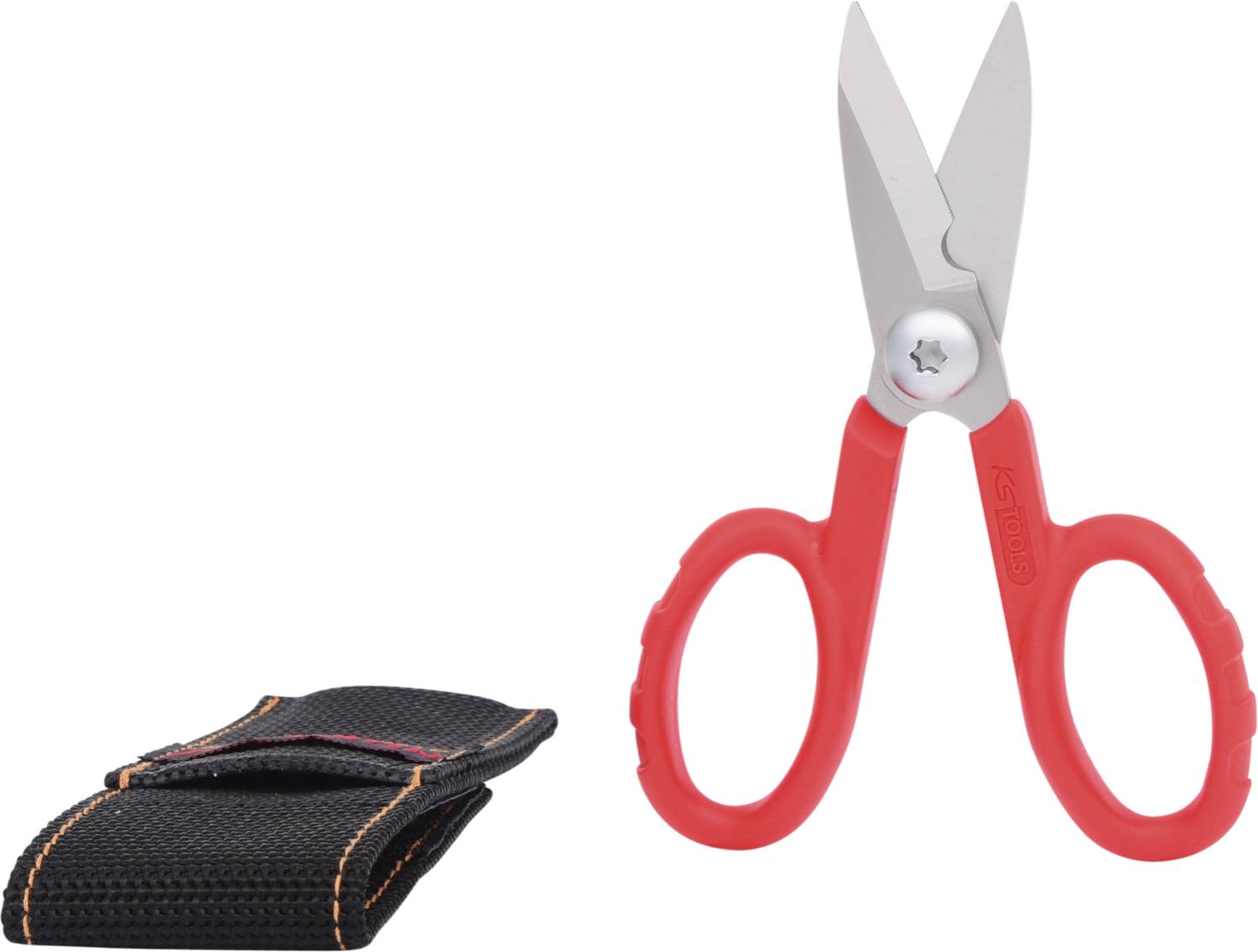 Rote Schere mit schwarzen Griffen liegt neben einer schwarzen Stofftasche.