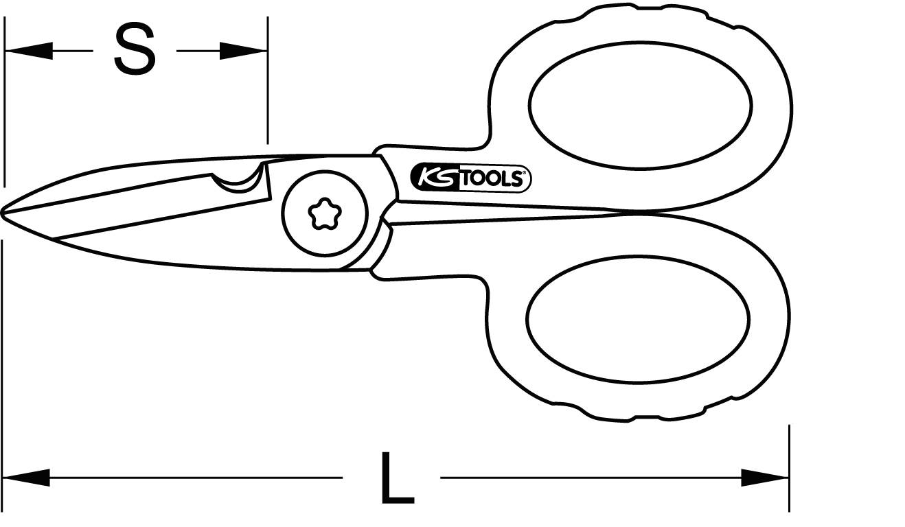 Illustration einer Schere mit Maßen: 'S' für Klingenlänge und 'L' für Gesamtlänge. Marke 'KS TOOLS' auf dem Griff.