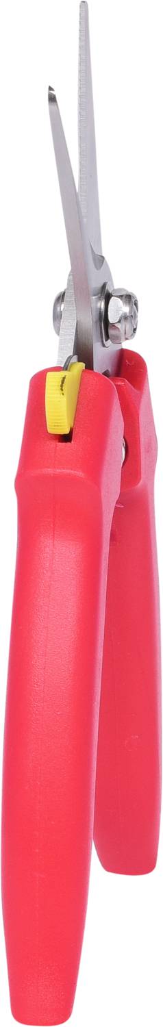 Rote Gartenschere mit gelben Verschluss und silbernen Klingen für präzises Schneiden von Pflanzen.