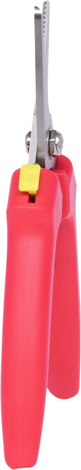 Rote Schere mit gelbem Verschlussmechanismus, geöffnet und aufrecht stehend. Geeignet zum Schneiden von Papier oder leichtem Material.