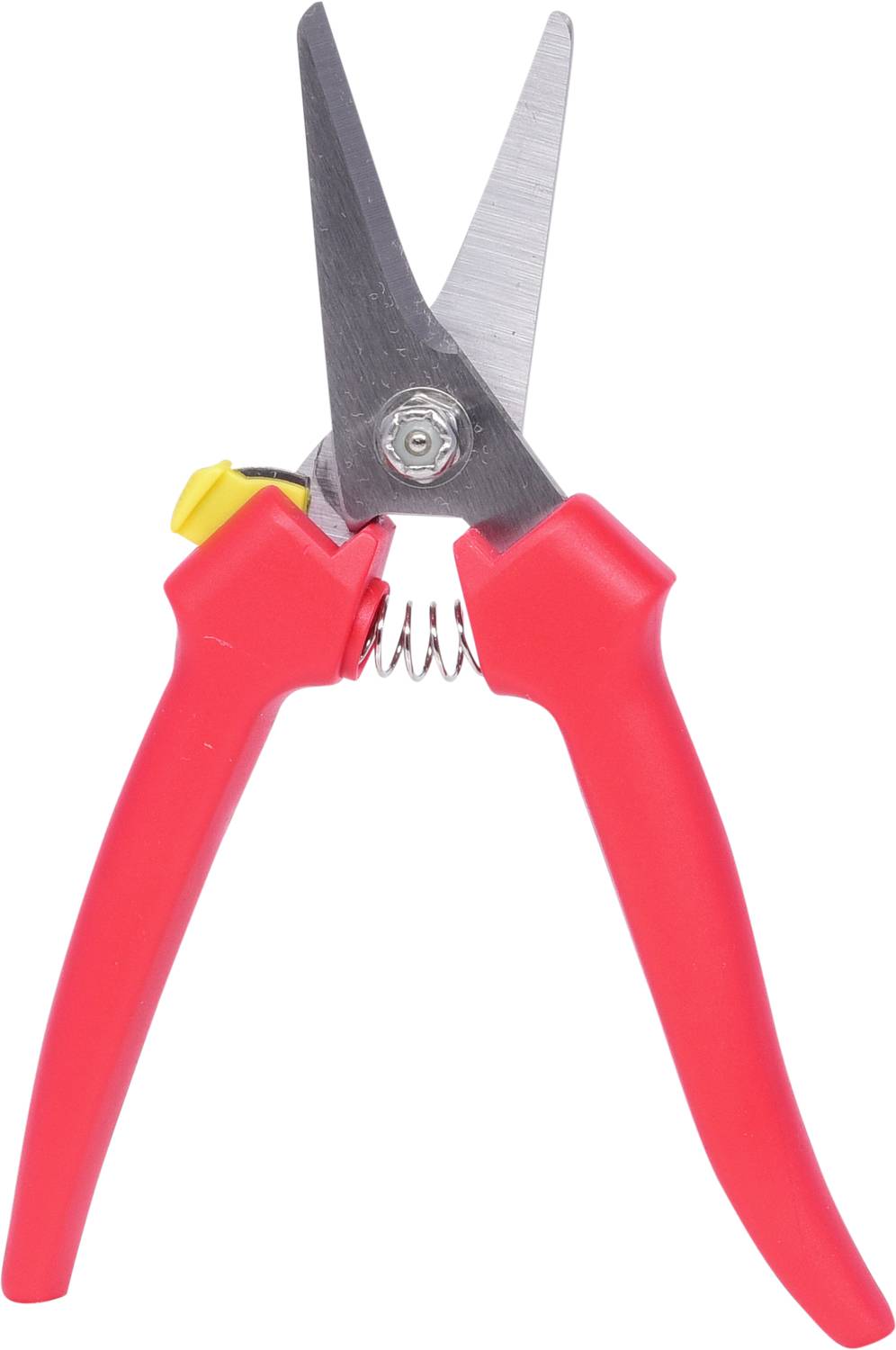 Eine rote Gartenschere mit silbernen Klingen und gelben Sicherheitsverschluss, genutzt für das Schneiden von Pflanzen.