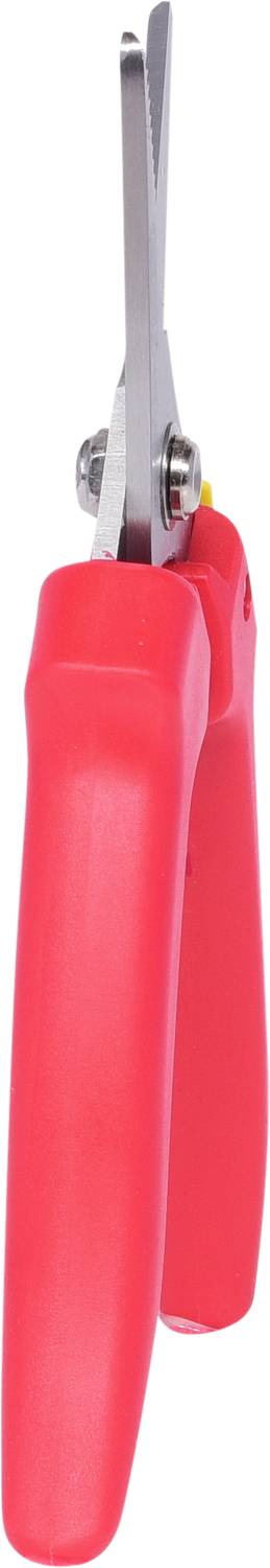 Rote, ergonomische Schere mit geschlossenen Griffen und offenen, scharfen Klingen, geeignet zum Schneiden verschiedener Materialien.