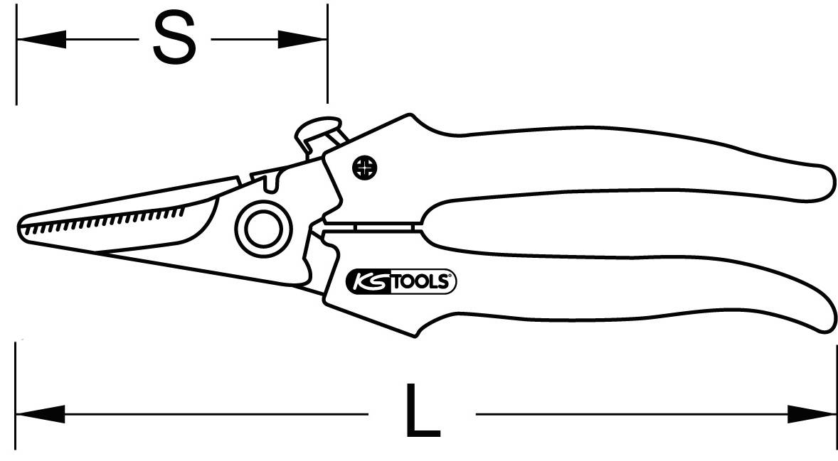 Schemazeichnung einer Spitzzange von KS Tools mit den markierten Maßen: S für die Backenlänge und L für die Gesamtgröße.