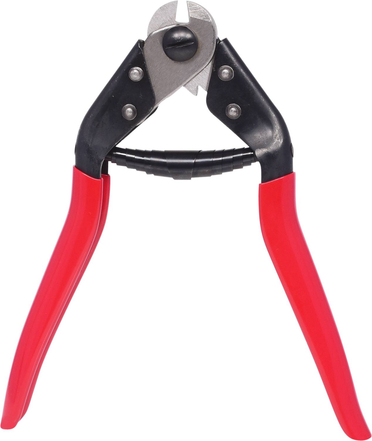 Eine Drahtschere mit roten Griffen und einer silbernen Klinge, geeignet zum Schneiden von dünnen Drähten oder Kabeln.