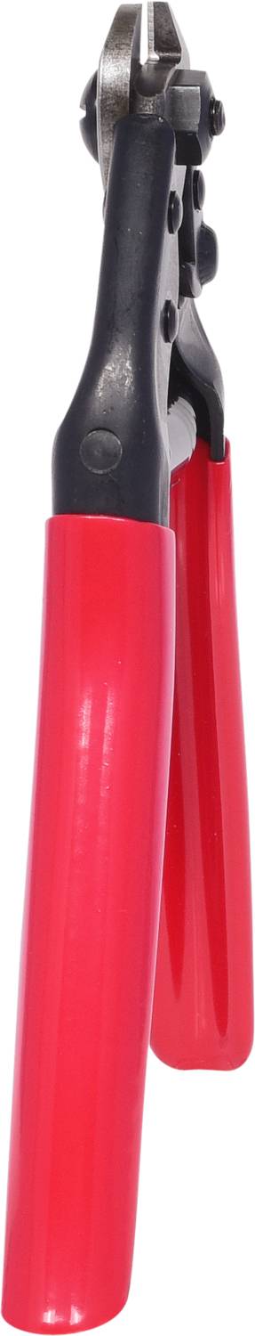 Zange mit roten Griffen, geeignet zum Schneiden von Drähten oder Kabeln, vor weißem Hintergrund.