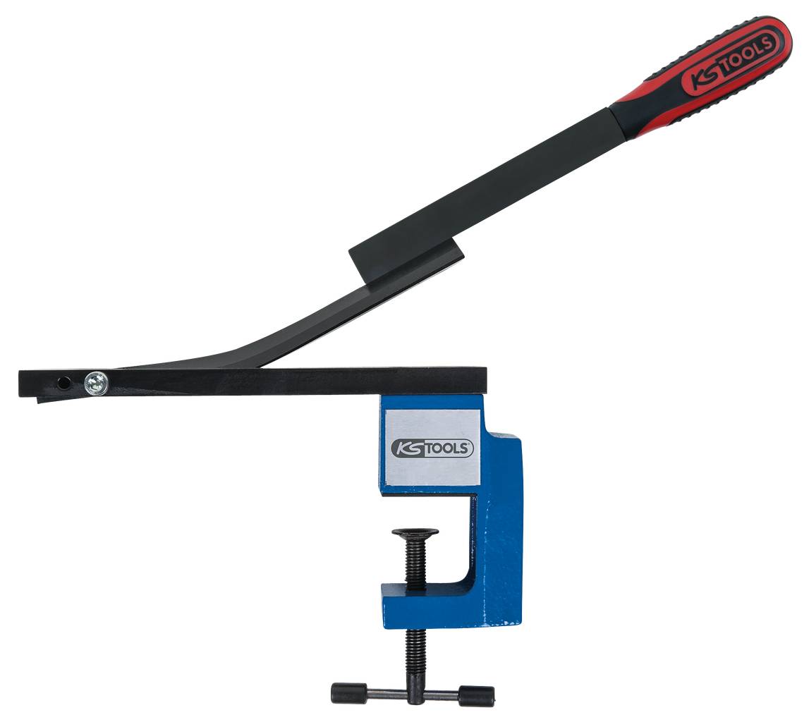 Eine C-Schraubzwinge mit einem schwarzen Hebelgriff und blauer Basis, Marke 'KS Tools'. Verwendet zum Fixieren und Spannen von Objekten.