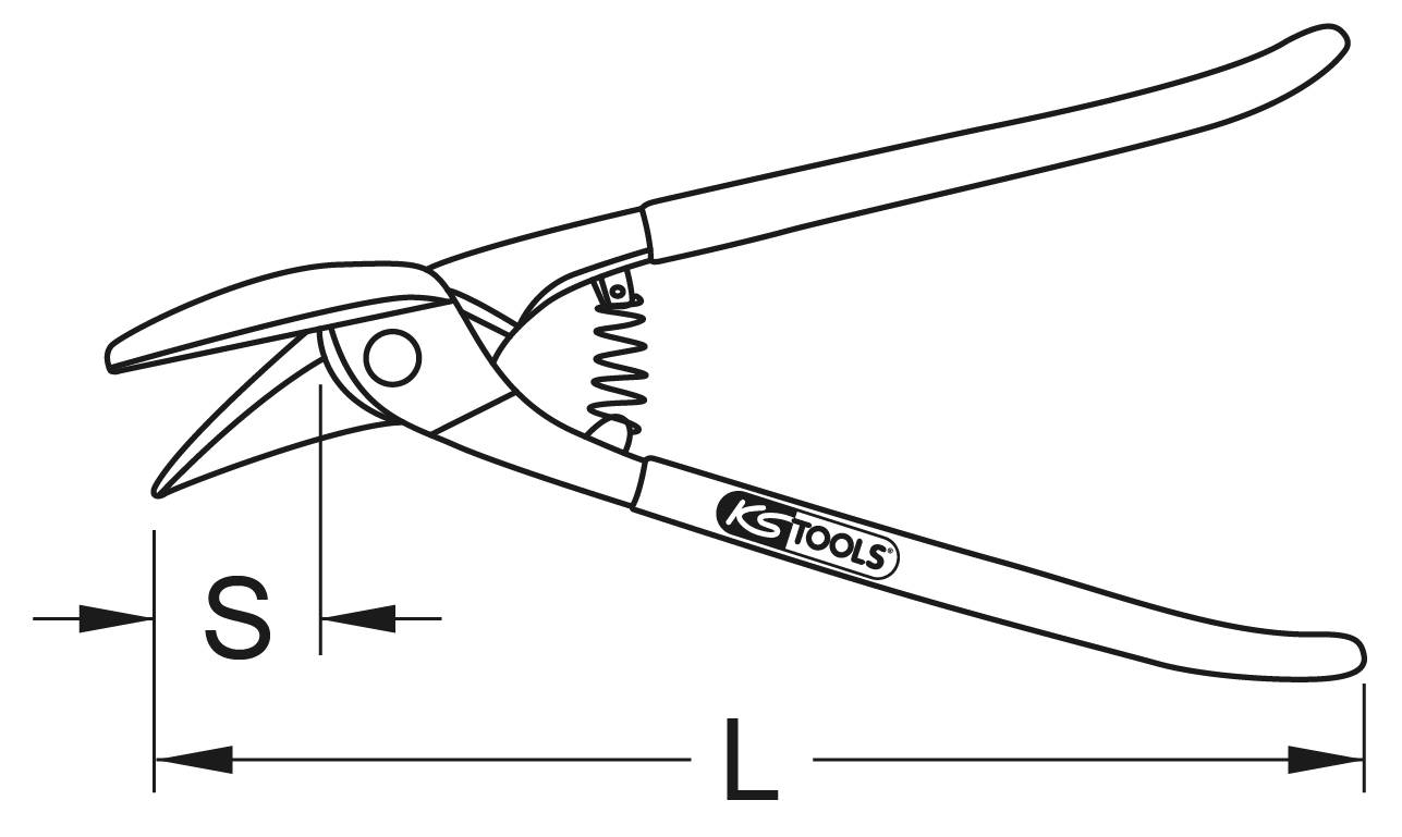 Zeichnung einer Schere, seitliche Ansicht. Hebellänge 'L', Schneidenabstand 'S', Federnmechanismus sichtbar, Marke 'KS Tools'.