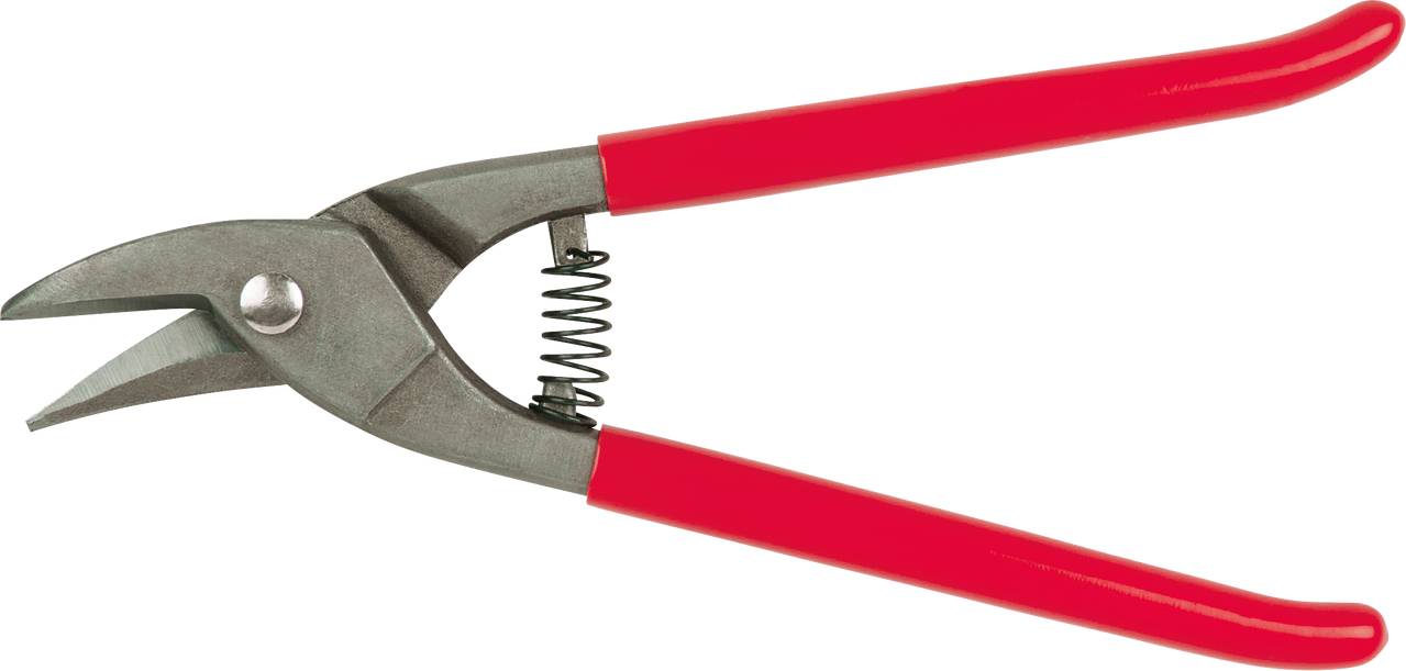 Eine rote Metallschere mit Federmechanismus, geeignet zum Schneiden dünner Bleche oder Drähte.