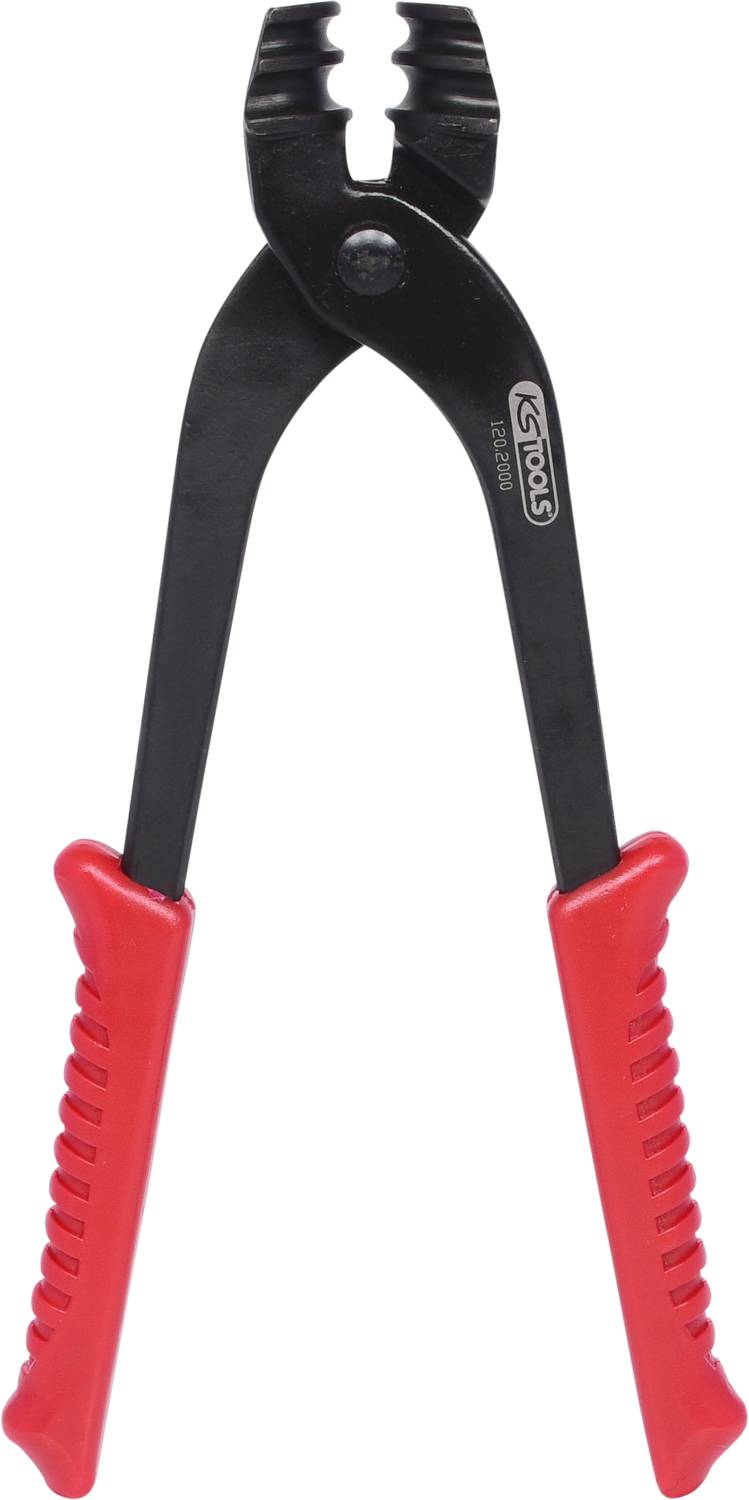 Zange mit schwarzen Metallbacken und roten Kunststoffgriffen steht aufrecht. Geeignet zum Greifen und Schneiden von Drähten.