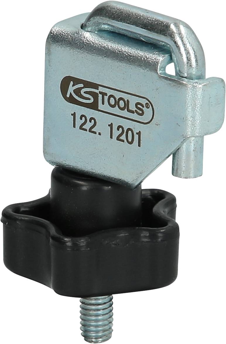 Ein metallischer Werkzeughalter mit dem Schriftzug 'KS Tools 122.1201', unterstützt von einem schwarzen Kunststoffgriff unten.