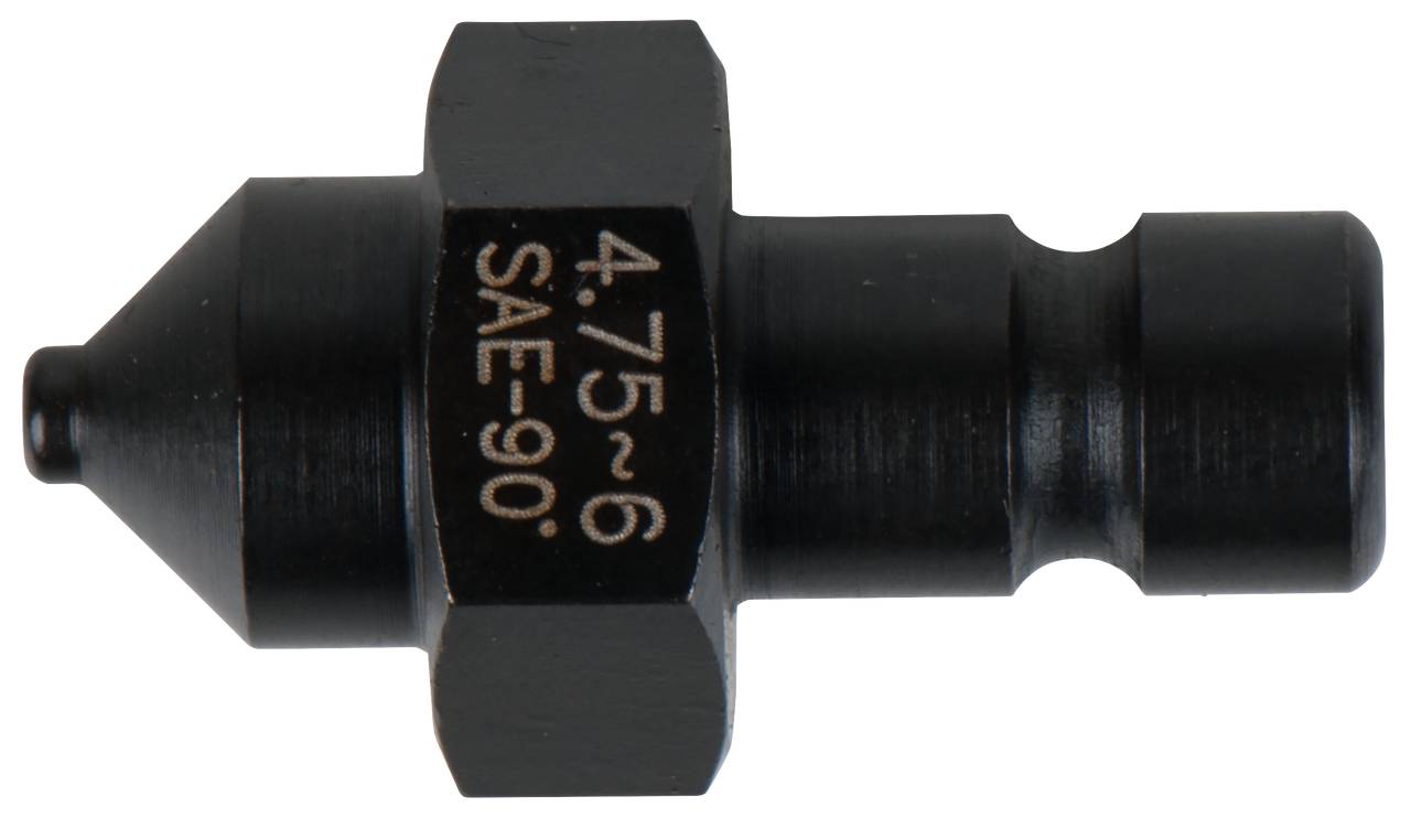 Eine schwarze Düse mit Beschriftung '4.75~6 SAE-90' auf der Seite, verwendet zur Verbindung in hydraulischen Systemen.