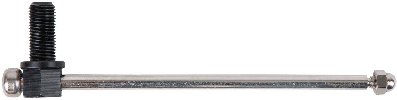 Ein langer, schmaler Metallstab mit schwarzer Schraube an einem Ende und einer kleinen Mutter am anderen, liegt horizontal.