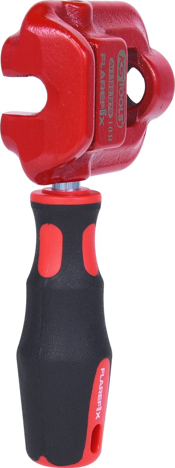 Rotes und schwarzes Werkzeug mit ergonomischem Griff, designed für spezielle Schraubarbeiten. Markenaufdruck auf dem Kopf des Werkzeugs.