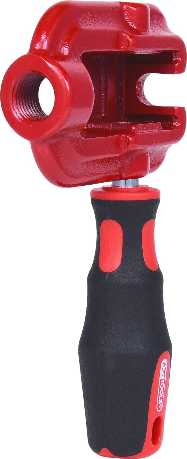 Ein rotes Werkzeug mit schwarzem Griff, vermutlich ein Rohrschneider, zeigt die Schneideklingen und das Einstellrad.