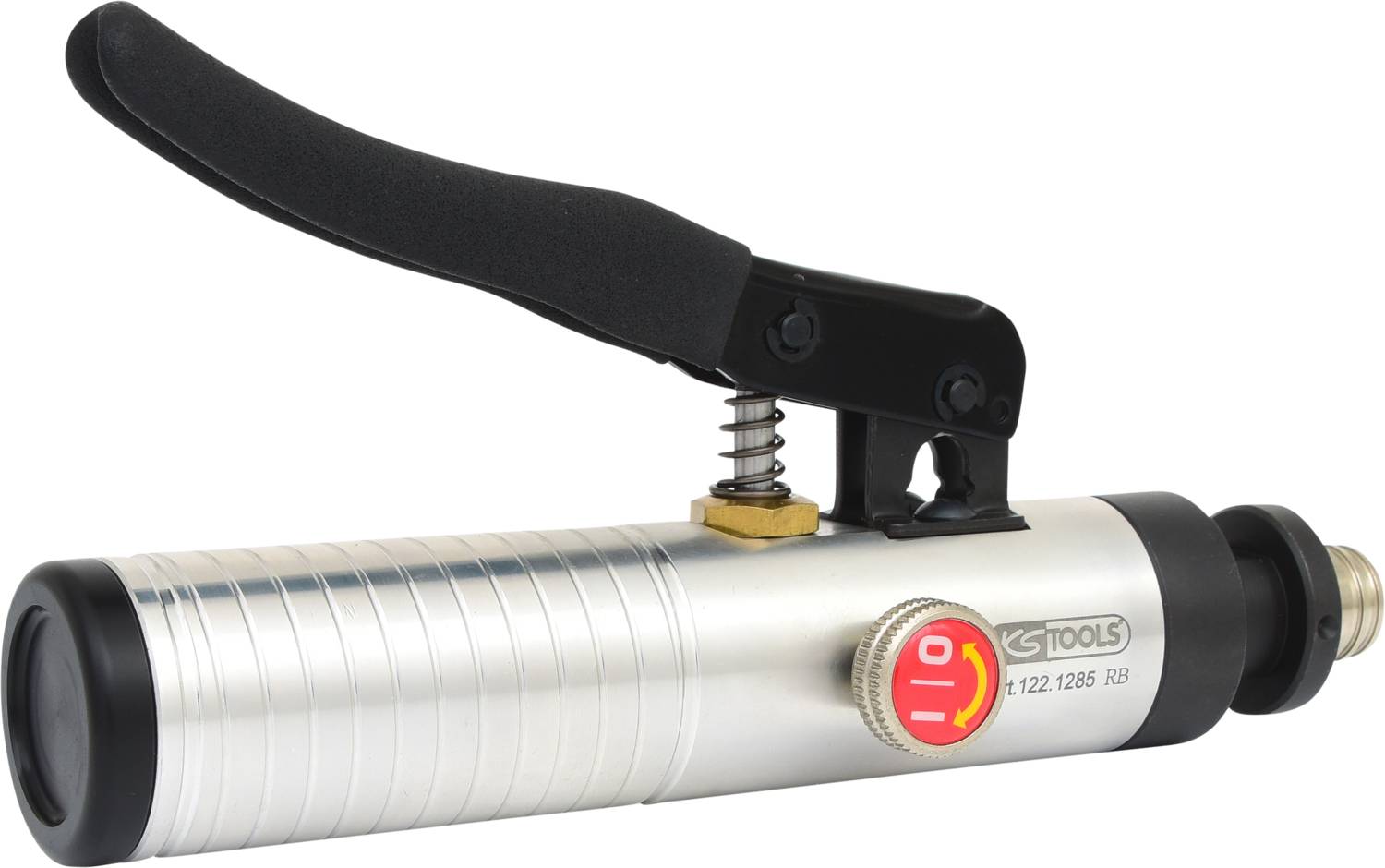 Druckluft-Fettpresse mit ergonomischem Griff, silberfarben, Markenlogo 'KS Tools', Artikelnummer '1.12221265', rote Druckanzeige.