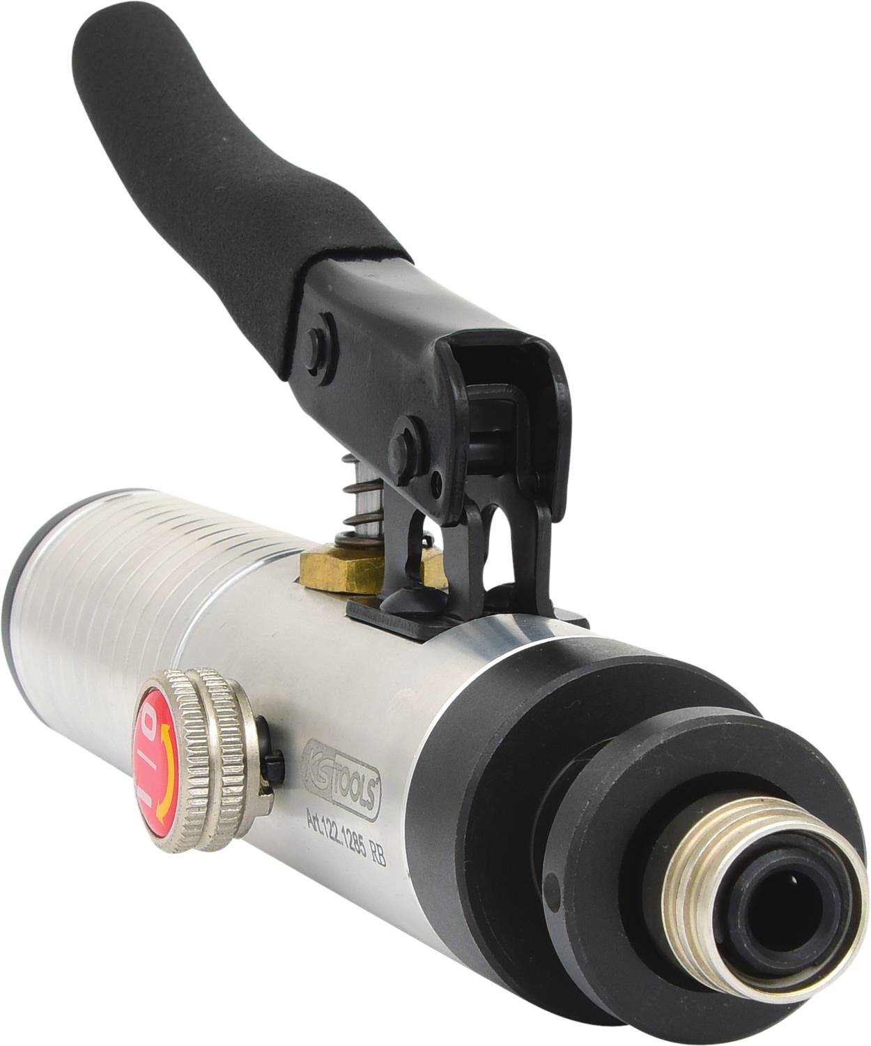 Silbernes pneumatisches Werkzeug mit schwarzem Griff und roten Akzenten, verwendet für industrielle Anwendungen und Reparaturen.