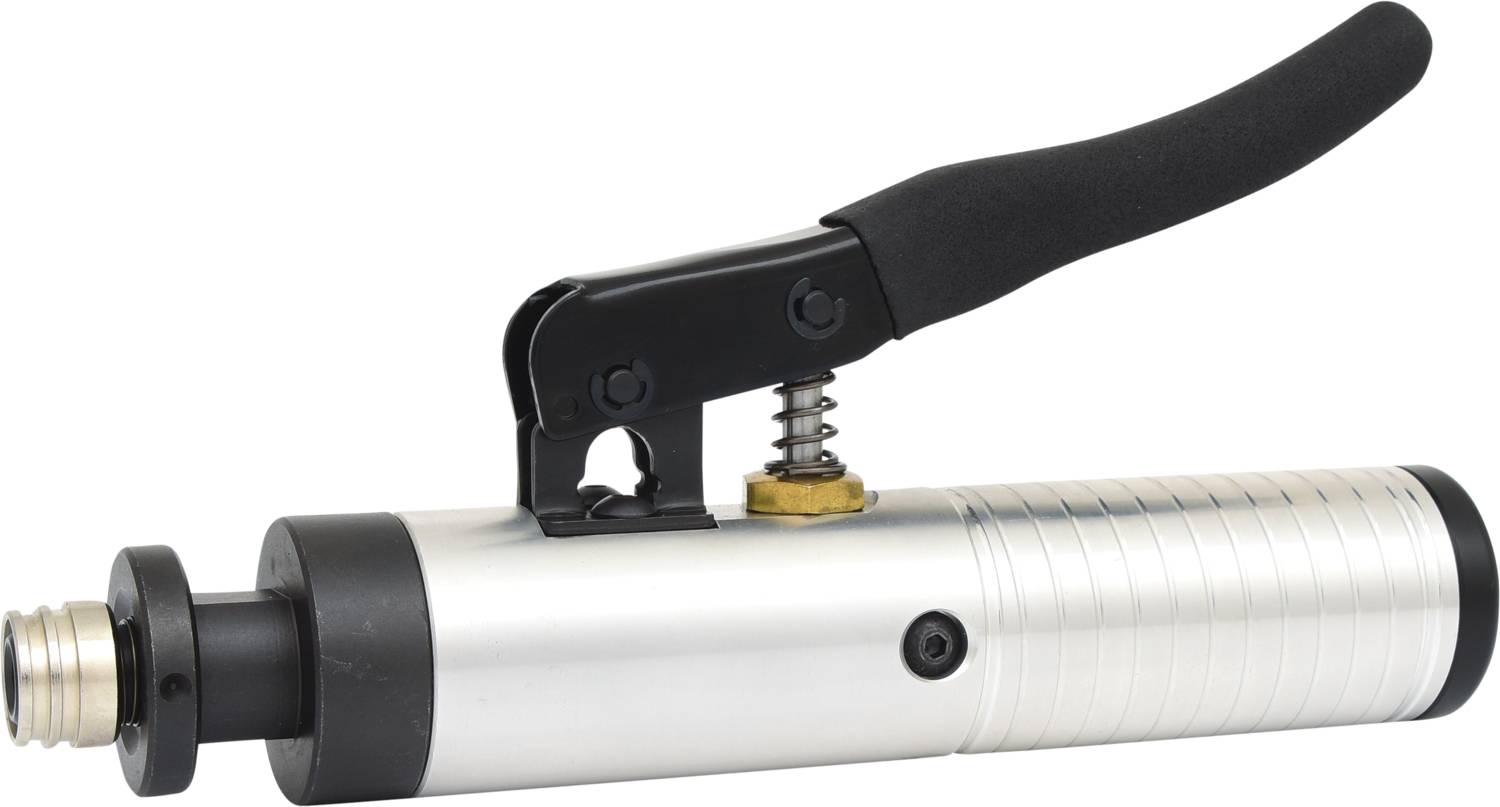 Ein silbernes pneumatisches Werkzeug mit schwarzem Griff, verwendet zum Schleifen oder Polieren, liegt auf einer weißen Fläche.