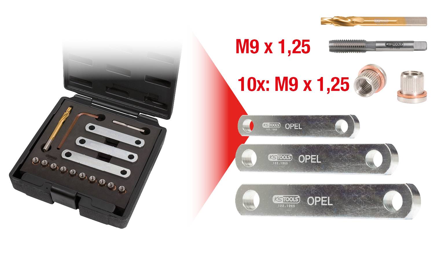 KS Tools 122.1300 Gewinde-Reparatursatz M9 x 1,25, 16-tlg