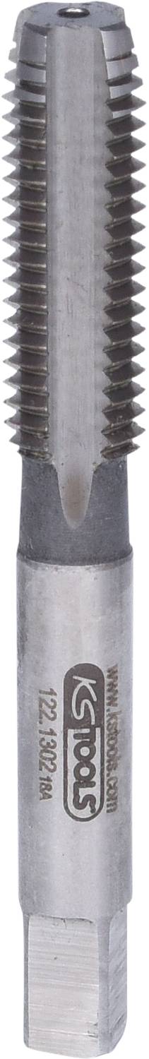 Ein silberner Gewindebohrer mit scharfen Schneidgewinden und einem sechseckigen Schaft zur Verwendung in Maschinen zur Metallbearbeitung.