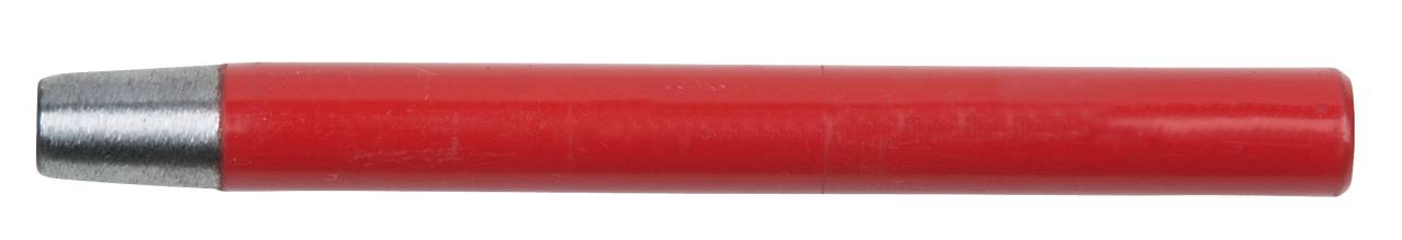 Ein roter Wachsmalstift mit metallischer Spitze, horizontal liegend.