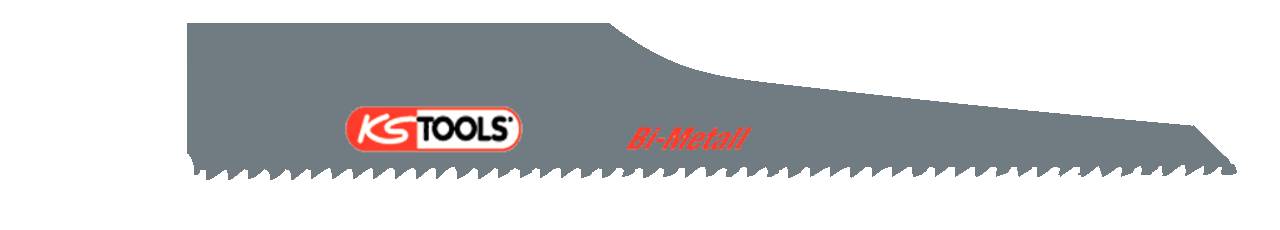 Graues Sägeblatt mit rotem und schwarzem Logo 'KS TOOLS' auf der linken Seite. Text 'Bi-Metal' daneben.