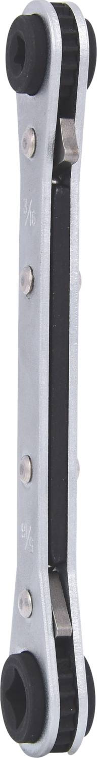 Ein silbernes, beidseitiges Ratschenschlüsselwerkzeug mit schwarzem Griff.