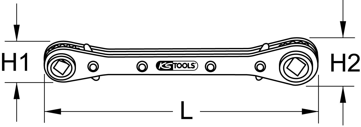 Illustration eines KS Tools Ringschlüssels mit zwei Maßen: H1, H2 für Endhöhen, L für Gesamtlänge.