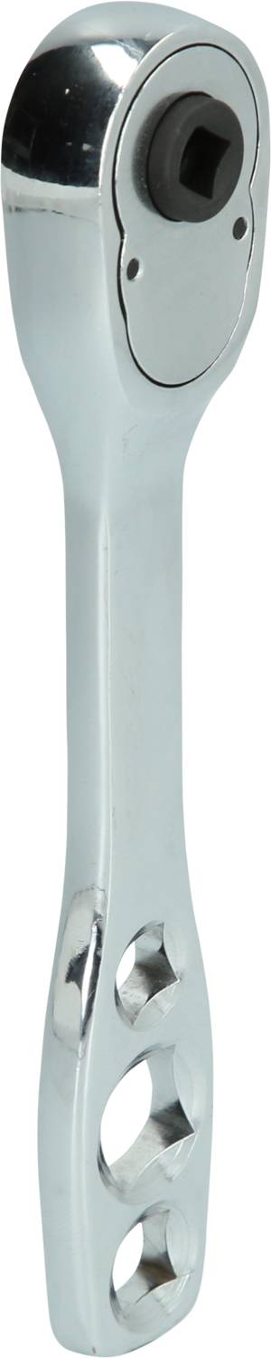 Ein verchromter Ratschen-Steckschlüssel, oft als Ratsche bezeichnet. Wird in der Mechanik zum Drehen von Schraubenschlüsseln verwendet.