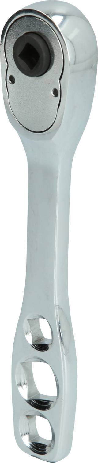 Ein silberner Ratschen-Schlüssel mit Lochgriff und Steckkopf, betrachtet aus einem schrägen Winkel. Hauptsächlich für mechanische Arbeiten verwendet.