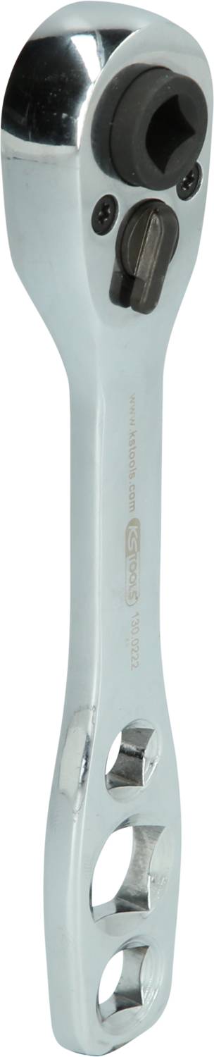 Metallischer Knarren-Schlüssel mit runder Ratsche und vierkantigen Steckplätzen, geeignet für verschiedene Schraubengrößen.