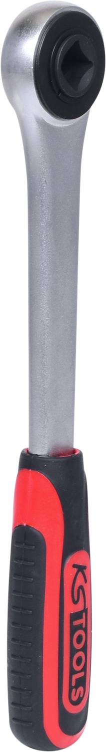 Ratsche mit ergonomischem Griff in rot-schwarz, robustes Metall, geeignet für mechanische Arbeiten und Heimwerkerbedarf.