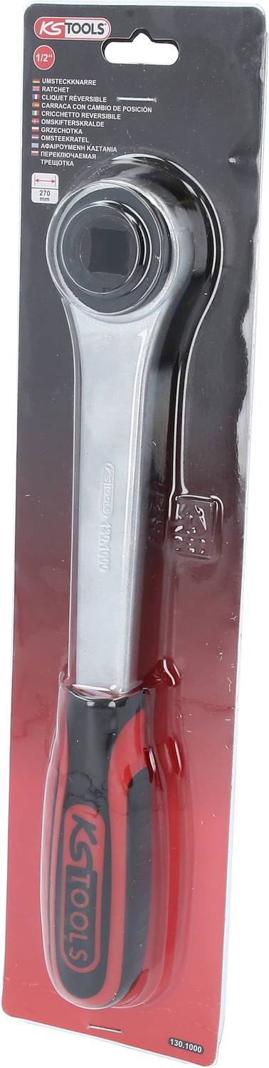 Ein verpackter Ratschen-Schraubenschlüssel von KS Tools, in einer Blisterverpackung mit rotem und schwarzem Griff, aufrecht dargestellt.