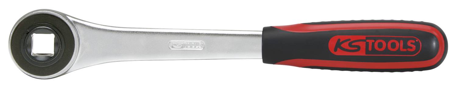 Ratsche mit rotem und schwarzem Griff, markiert mit 'KS Tools'. Silberner Arm, geeignet zum Anziehen oder Lösen von Schrauben.