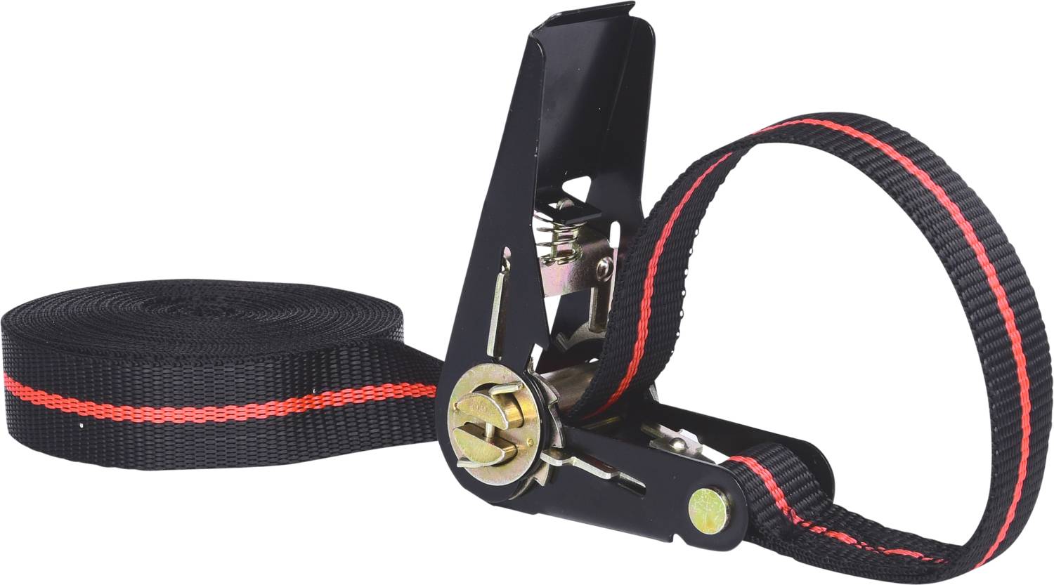 Schwarzer Spannriemen mit rotem Streifen und Ratschenmechanismus, verwendet zum Sichern von Lasten.