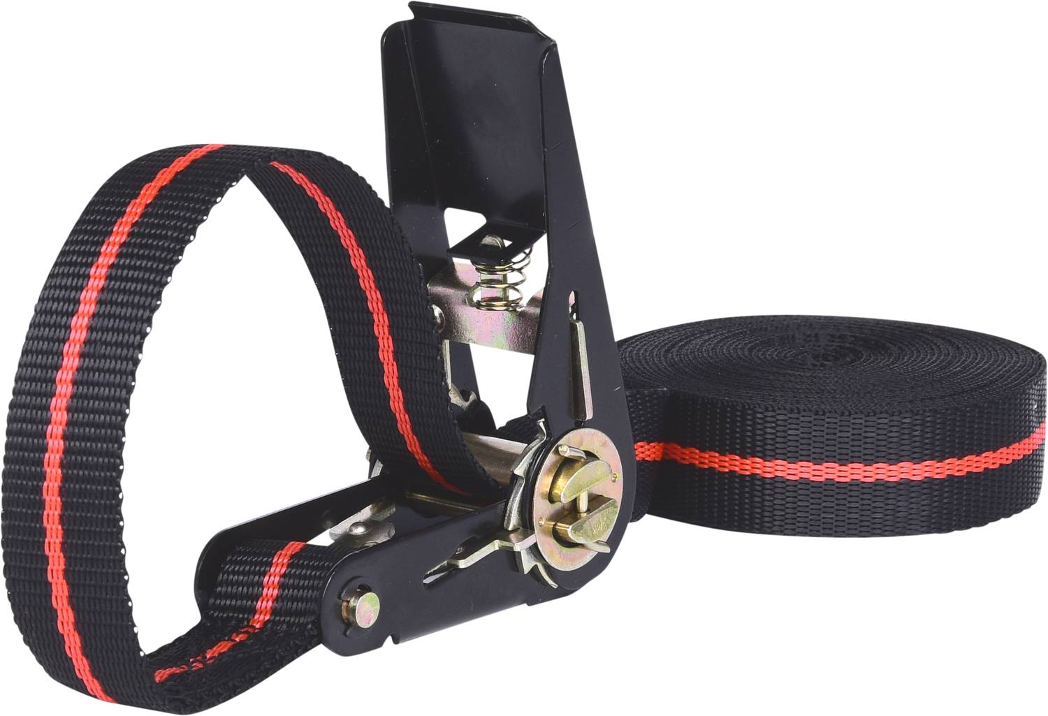 Spannband mit Ratschenmechanismus, schwarz mit rotem Streifen, auf einem weißen Hintergrund.
