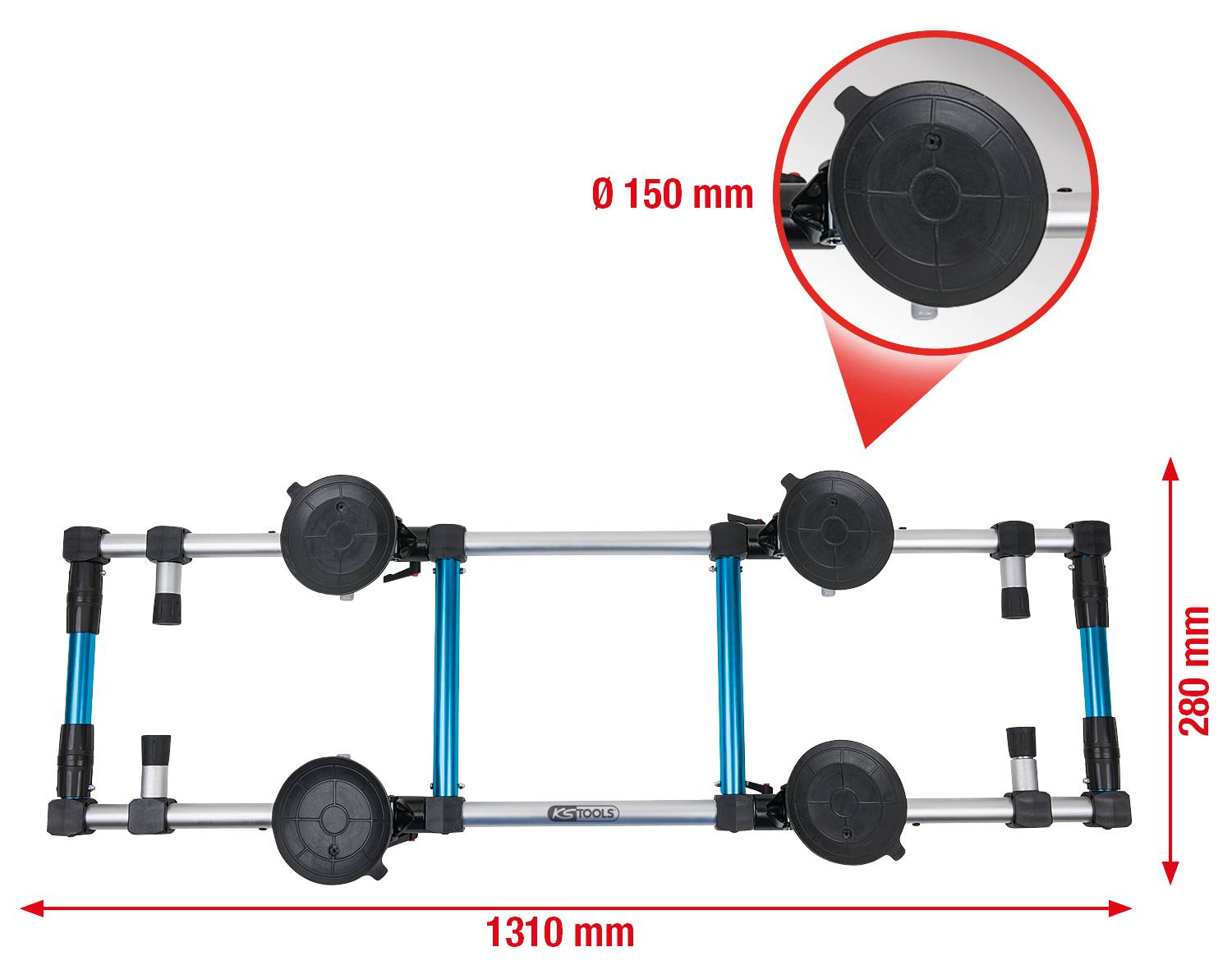 'Mobile Plattform mit Teleskopstreben und sechs großen Saugnäpfen.' Rundes Detailfenster zeigt Nahaufnahme eines Saugnapfes. Maße: 1310 mm x 280 mm.
