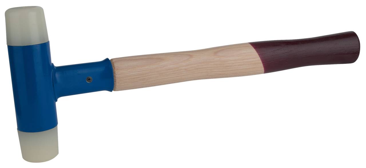 Ein Gummihammer mit blauem Metallkopf und Holzgriff, verwendet zum präzisen Schlagen ohne Beschädigung der Oberfläche.