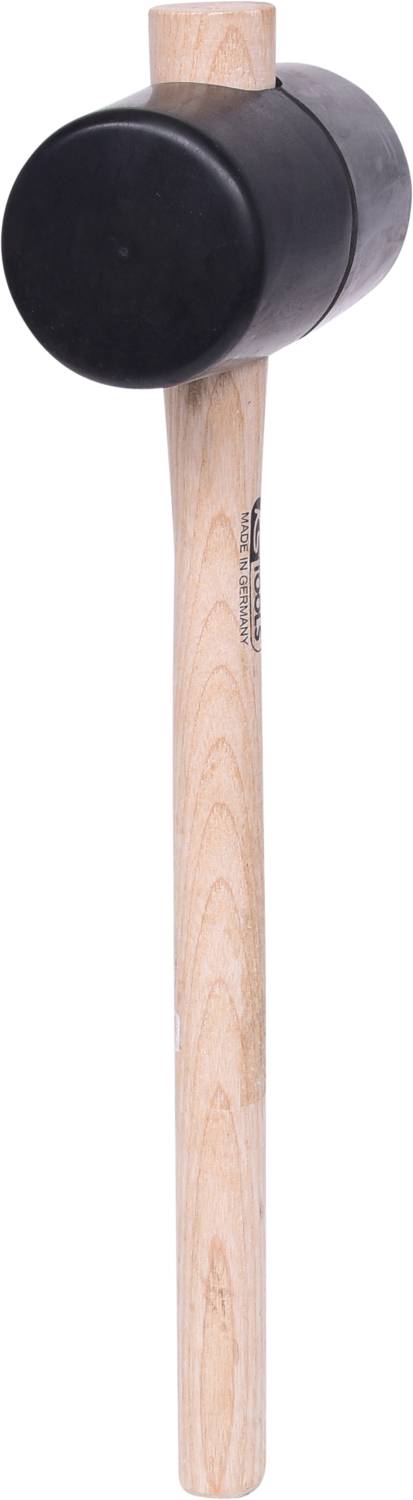 Ein schwarzer Gummihammer mit einem hellen Holzgriff.