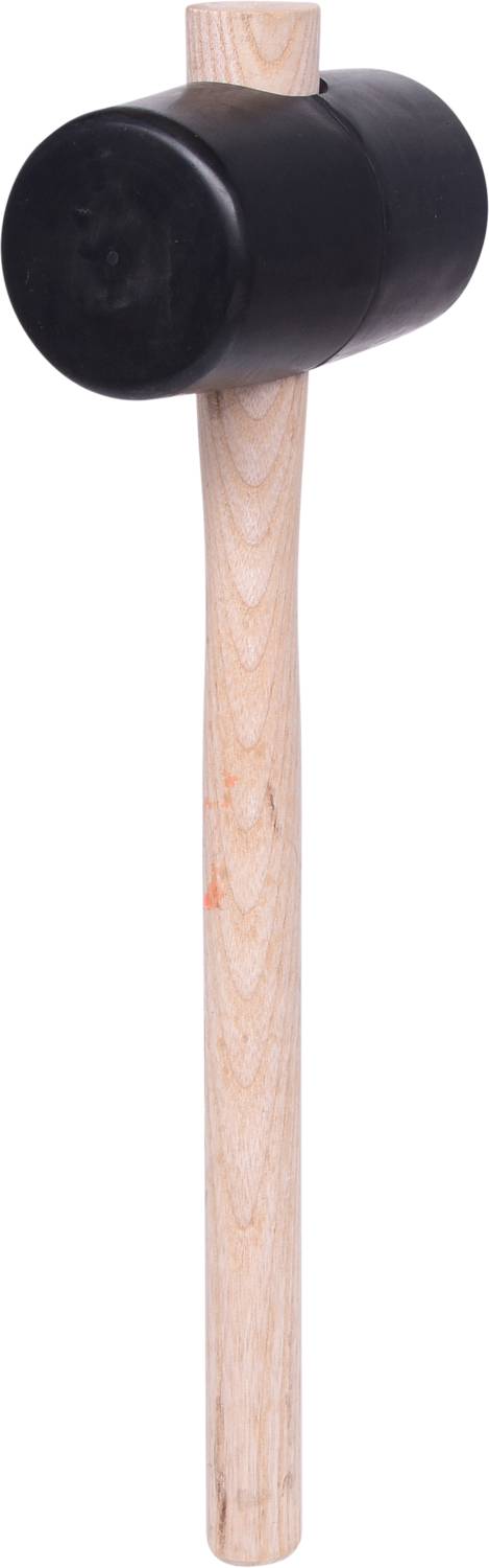 Ein schwarzer Gummihammer mit einem hellen Holzgriff, stehend aufrecht.